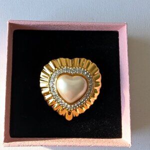 Alfred Sung Vintage Faux Pearl Heart Brooch - Gold Tone